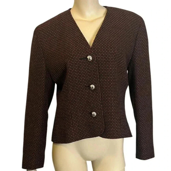 Vintage 90s Wool Blazer Sz 12 Red Gray Polka Dot Cropped Career‎ Jacket Corpcore - Picture 2 of 7